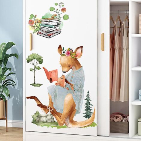 2 Pack Fort Kangourou Lecture Dessin Anim Animaux Amovible Dcoratif Pvc Stickers Muraux Salon Chambre Auto-adhsif Image