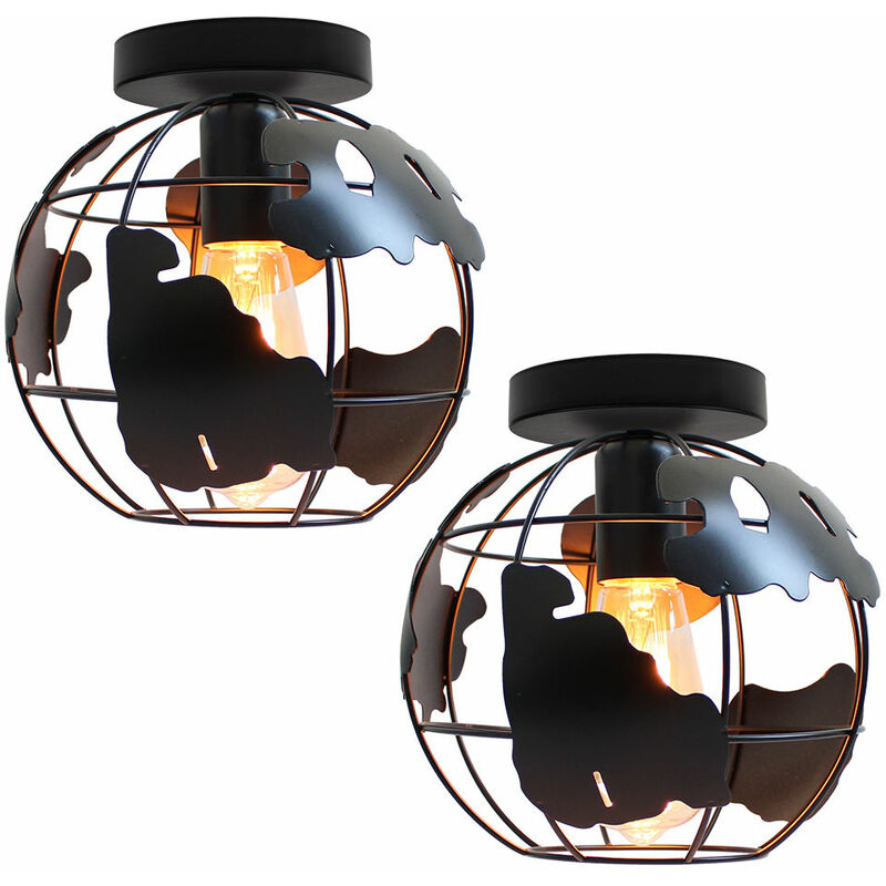 2 Pack Creative Retro Ceiling Light Industrial Vintage Chandelier Iron Metal Cage Ceiling Lamp E27 for Home Restaurant Bedroom Office (Black)