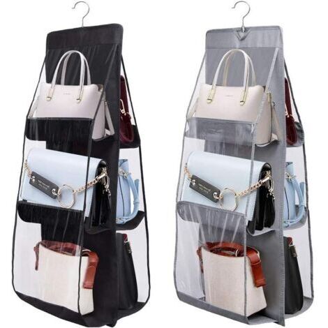 2-Pack Hanging Handbag Organizer, 6 Pockets, Wardrobe Organizer, Closet Bags, Hanging Storage Bag, Foldable Wardrobe Organizer (Black + Grey)