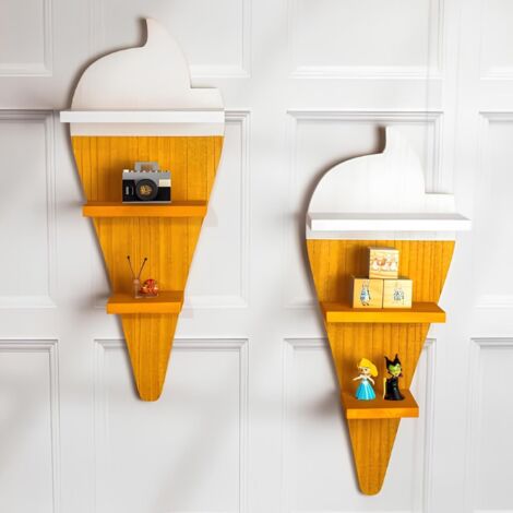 2 Pack Ice Cream Shaped White Wooden Floating Shelves - Wall Mounted Shelving for Kitchen Bedroom, Bathroom, Nursery - Kids Shelving Storage Unit - Hanging Shelves Home Decor Display