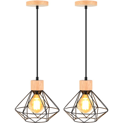 2 Pack Lámparas de Techo Retro Vintage Lámpara Colgante Industrial Jaula de Madera y Metal para Pasillo Escalera Dormitorio Negro
