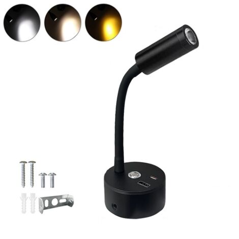 2-pack LED reading lamp, 12V, for campervans, touch dimmable, 3000K-6000K adjustable brightness, 360° flexible gooseneck bedside lamp with USB A+C ports for boat and caravan interior lighting, black
