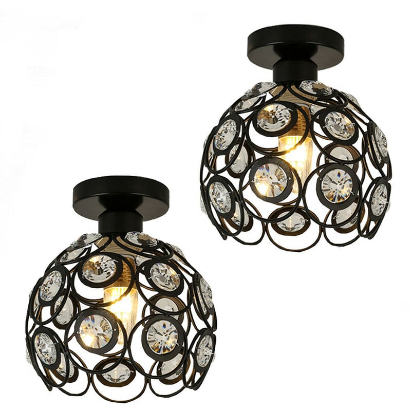 2 Pack Lustre de Plafond Cristal en Métal Plafonnier Eclairage Luminaire Abat-jour Noir 20cm