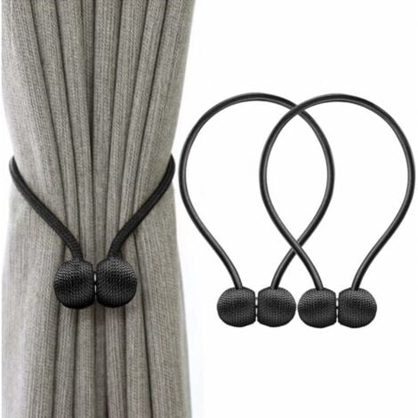 2 Pack Magnetic Curtain Tiebacks, with Hook Ball for Curtain Tiebacks, Rope Loops (Black)