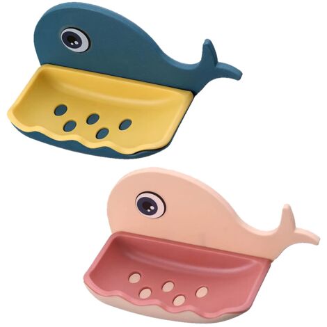 2 Pack No Drill Soap Holder with Strong Adhesive, Whale Wall Mounted Soap Dish with Drain Hole for Bathroom, Kitchen, Shower (Dark Blue, Pink)
