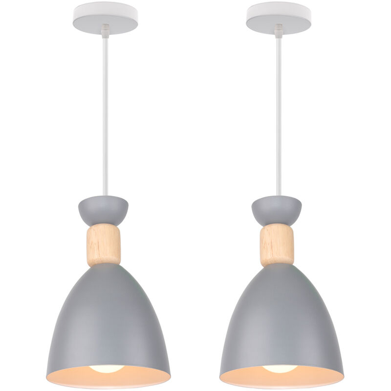 (2 Pack)-Nordic Modern Ceiling Lamp Wood Pendant Light Retro Pendant Light Vintage Hanging Light Industrial Pendant Lamp Gray E27 Bulb
