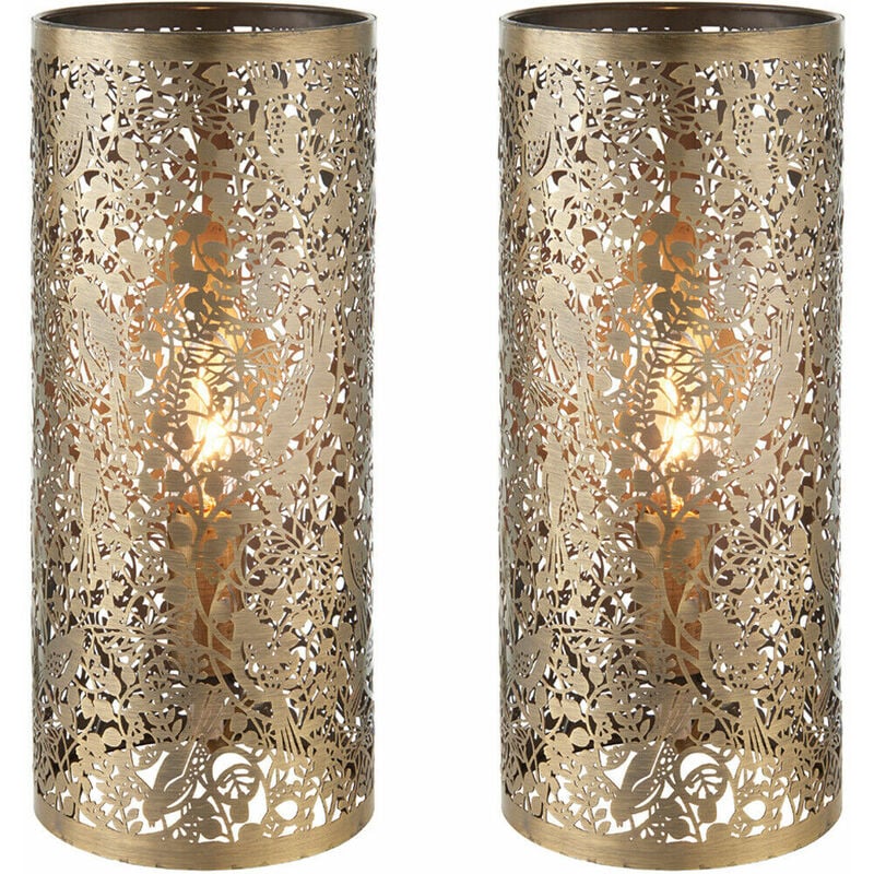 2 Pack | Pattern Table Lamp Light Aged Brass Floral Bird Metal Cylindrical Shade