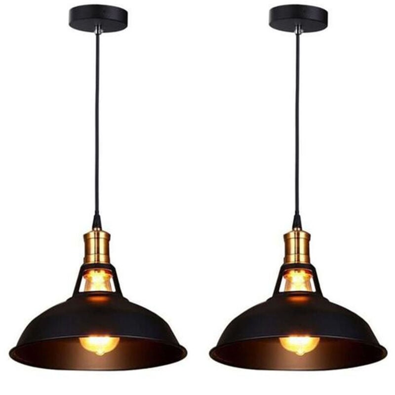 2 Pack Pendant Light Industrial Light Shade E27 Metal Hanging Lights for Bedroom Living Room Lounge Hall (Black)