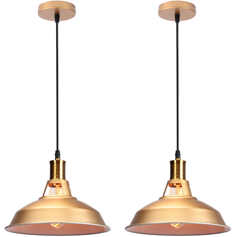 2 Pack Pendant Light Industrial Light Shade E27 Metal Hanging Lights for Bedroom Living Room Lounge Hall (Gold)