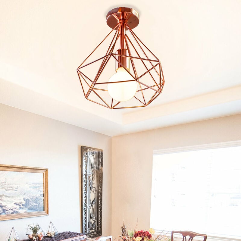 Plafonnier Industrielle 25cm Forme Diamant Rétro Suspension Luminaire pour Salle à Manger Bar Chambre Or Rose 1 Pack