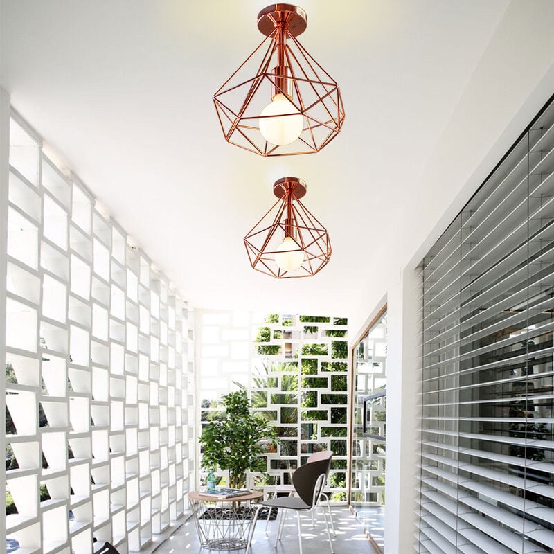 Plafonnier Industrielle 25cm Forme Diamant Rétro Suspension Luminaire pour Salle à Manger Bar Chambre Or Rose 2 Pack