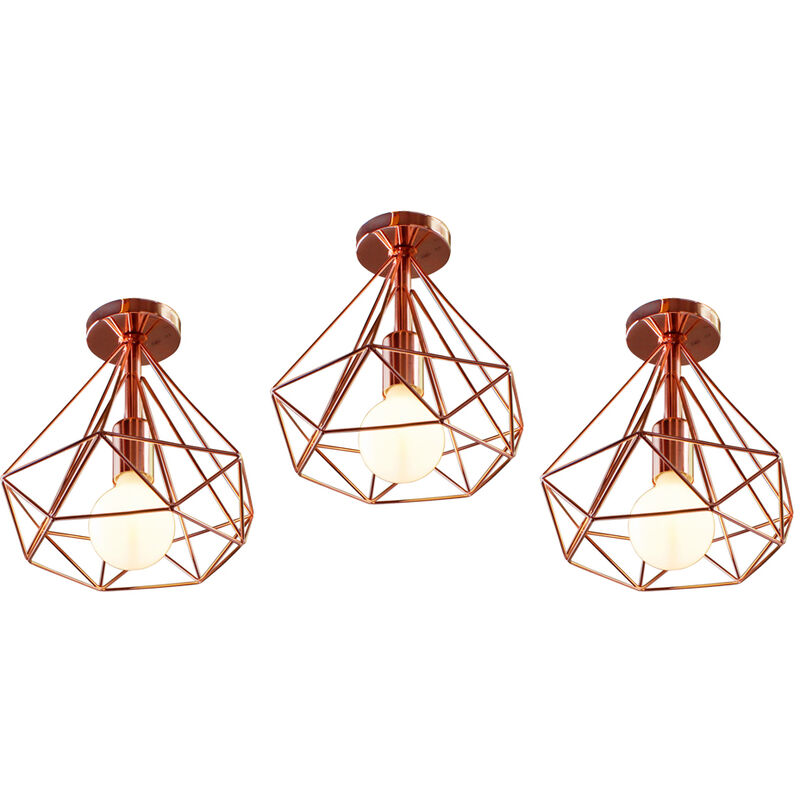 Plafonnier Industrielle 25cm Forme Diamant Rétro Suspension Luminaire pour Salle à Manger Bar Chambre Or Rose 3 Pack