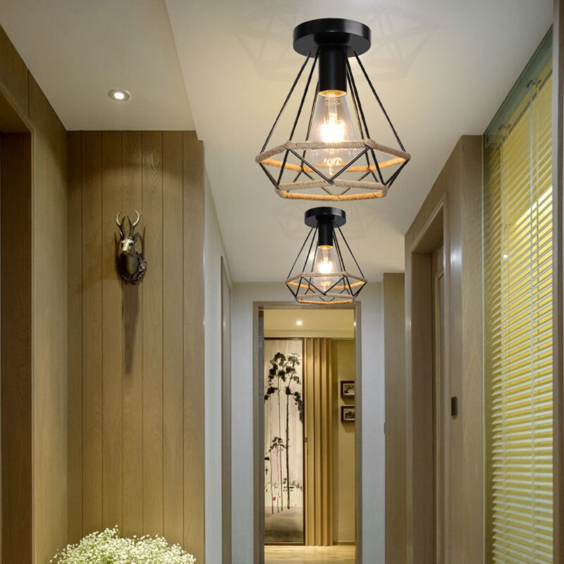 2 Pack Plafonnier Rétro Industriel Lampe de Plafond en Cage Diamant E27 Luminaire en Métal et Corde de Chanvre pour Couloir Escalier Chambre Salon