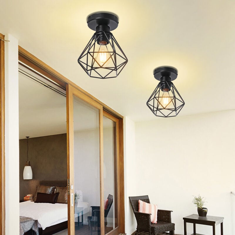 2 Pack Plafonnier Rétro Vintage en Forme Diamant Lampe Intérieur Luminaire en Métal E27 pour Couloir Escalier Chambre Noir