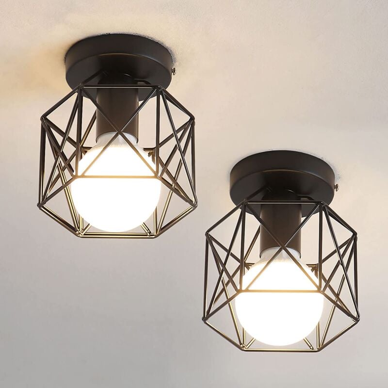 Goeco - Plafonnier Vintage Industrielle, Suspension Luminaire E27 Plafonnier Retro Noir Métal Cage Lustre Abat-jour Fer, Lampe de Plafond 2 pièces