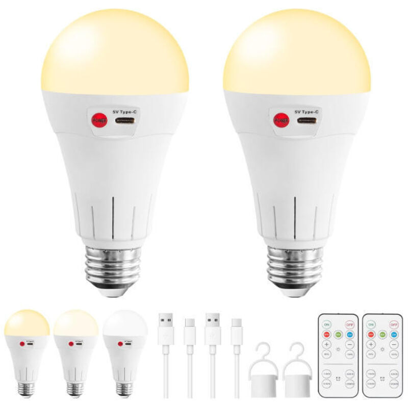 2-Pack Rechargeable LED Light Bulbs with Remote Control, E26/E27 Base, Wireless Battery Powered Emergency Light Bulbs
