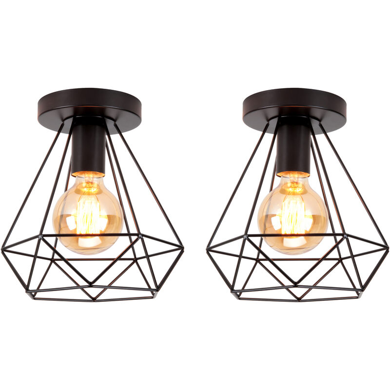 2 PACK Retro Diamond Ceiling Lamp Metal Cage Ø20cm Chandelier Industrial Pendant Light Black for Dining Cafe Bedroom Office E27