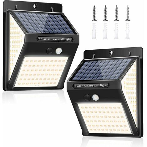 [2 Pack] Solar Security Lights Outdoor, 140 LED Solar Motion Sensor Lights, IP65 Waterproof Solar Powered Durable Wall Lights Outside with 3 Intelligent Lighting Modes for Yard, Garden (Warm White) [E