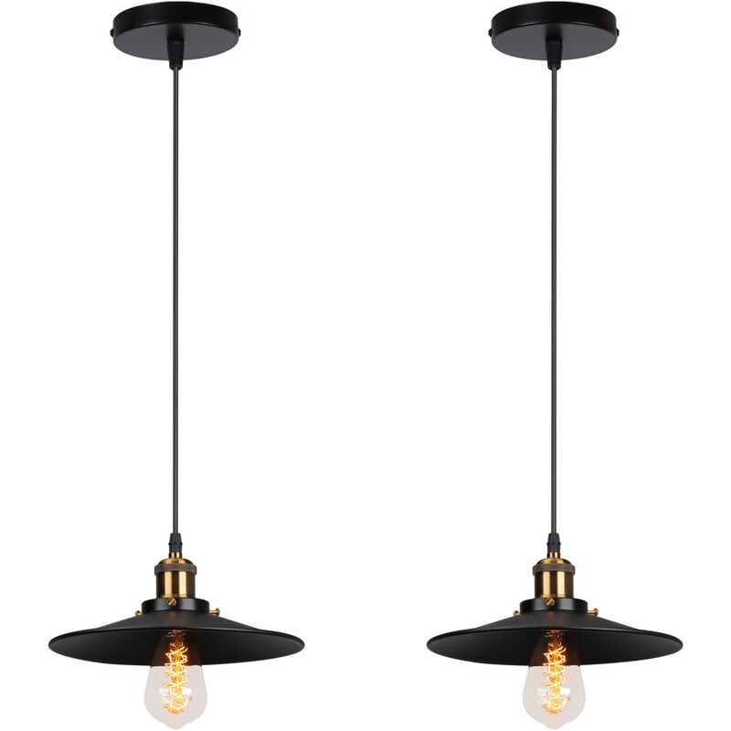 2PCS Rétro Lustre Suspension Industrielle 22cm Plaofnnier Fer Abat-jour en Métal Noir