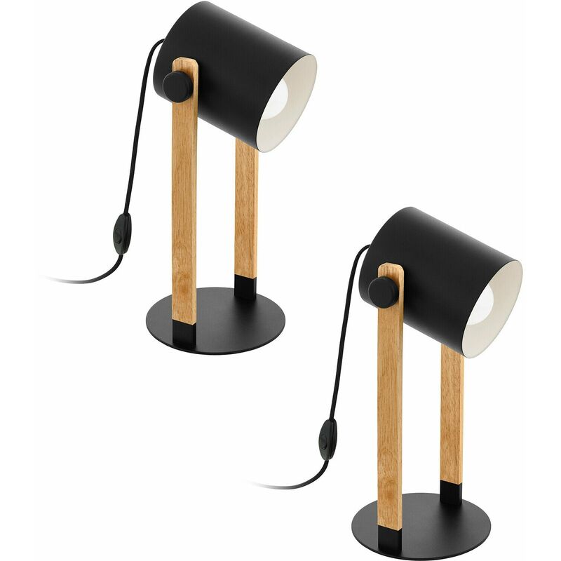 Image of 2 pack Table Lamp Desk Light Black & Creme Shade Wood Base 1x 28W E27