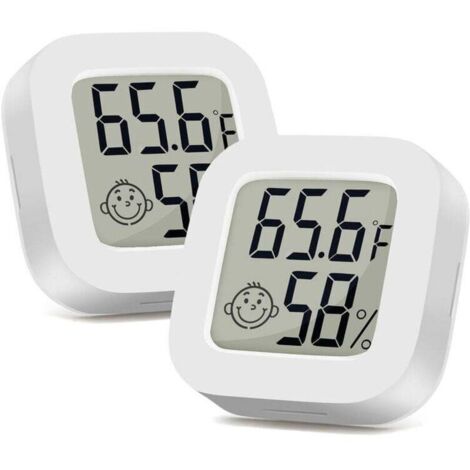 2 Pack Thermometre Interieur MiniThermomètre Hygrometre Haute Précision Température Hygromètre Moniteur avec Air icône Confortable pour Cuisine Chambre de Bébé Serre Entrepôt Bureau,
