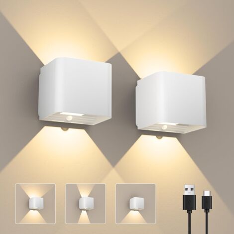 2 Pack Weiß LED Aufladbar Wandleuchte Innen/Aussen mit Bewegungsmelder, Wandlampe Auf und ab Einstellbarer Lichtstrahl 3000K Warmweiß Außenwandleuchte IPX4 Wasserdichte Wohnzimmer Garten