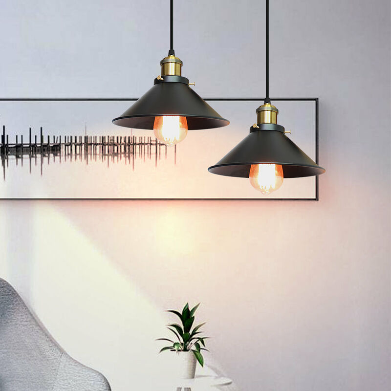 2pcs Industrial Pendant Light, Metal Chandelier with Ø22cm Lamp Shade Vintage Metal Iron Hanging Ceiling Lamp (Black)