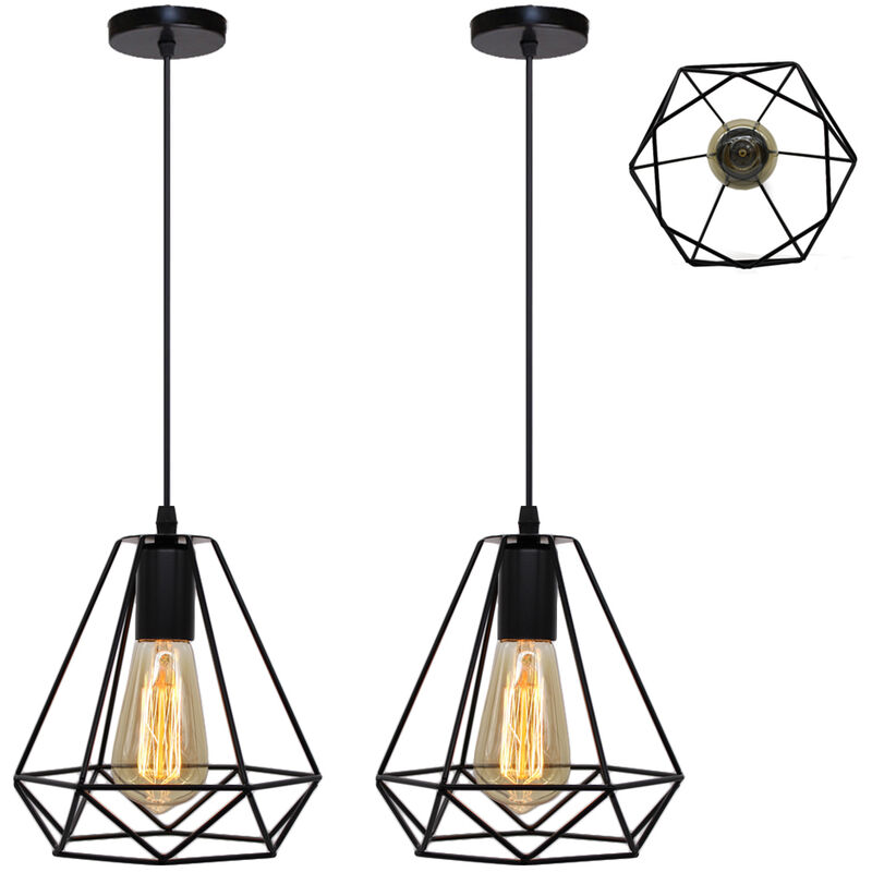 2X Pendant Light Black, Vintage Industrial Ø20cm Diamond Shape Hanging Ceiling Lamp Fixture Industrial Metal Chandelier with Cage Lampshade for
