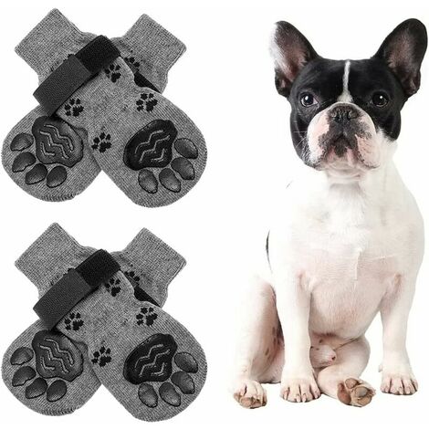 2 paires de chaussettes réglables antidérapantes double face chaussettes pour chien d'intérieur-Protège les pattes de l’animal et les sols intérieurs,convient pour les petits ou gros chiens (M, Gris),