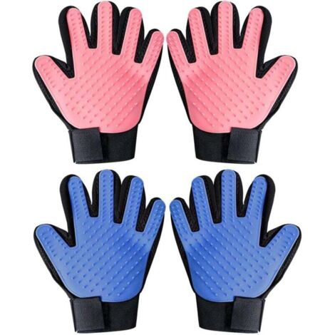 2 Paires de Gants de Toilettage Chat, Brosse à Gants pour Animaux de Compagnie, Gant de Toilettage Gaucher Droitier pour Poils Courts et Longs Bleu Clair/Rouge- 4 Pièces