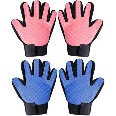 2 Paires de Gants de Toilettage Chat, Brosse à Gants pour Animaux de Compagnie, Gant de Toilettage Gaucher Droitier pour Poils Courts et Longs Bleu Clair/Rouge- 4 Pièces