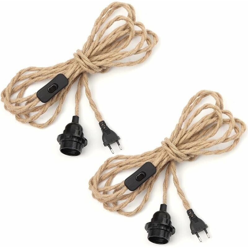 2 paires Lustre Corde de Chanvre Câble 4.5m, Douille E27 Interrupteur avec Fil Cable Ampoule, Pour diy Lampe Suspension Lumière Pendante Industrielle