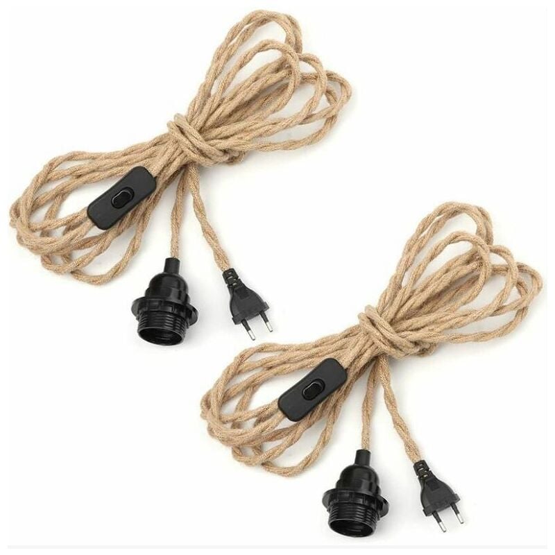 2 paires Lustre Corde de Chanvre Câble 4.5m, Douille E27 Interrupteur avec Fil Cable Ampoule, Pour diy Lampe Suspension Lumière Pendante Industrielle