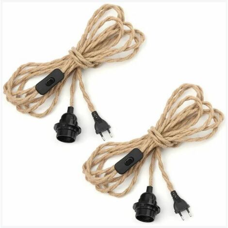 2 paires Lustre Corde de Chanvre Câble 4.5m, Douille E27 Interrupteur avec Fil Cable Ampoule, Pour DIY Lampe Suspension Lumière Pendante Industrielle Lustre Douille Fil Electrique Vintage