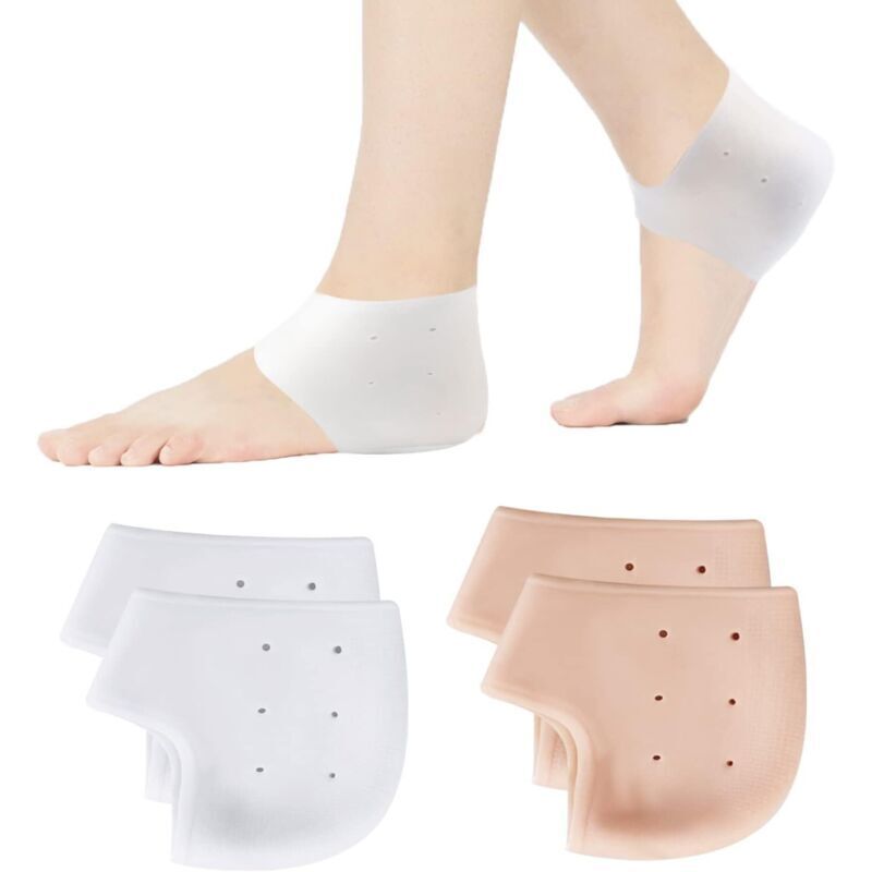 2 Paires Protège Talons en Gel (Blanc et nu), Manches de Talon Silicone Doux et Respirant avec Trous, Talon en Gel Manches pour Soulagement de la