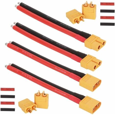 NAXUNNN 2 Paires XT60 Connecteur Femelle male avec Fil de Silicium de 100 mm 12AWG, 2 Paires XT60 Bullet Connectors Plugs avec Thermortractable pour RC Lipo Batterie Jouet