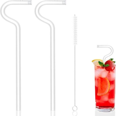 (2 pajitas + 1 cepillo de limpieza) Pajita de vidrio reutilizable original, con diseño en forma de flauta para colgar horizontalmente en los labios, antiarrugas.