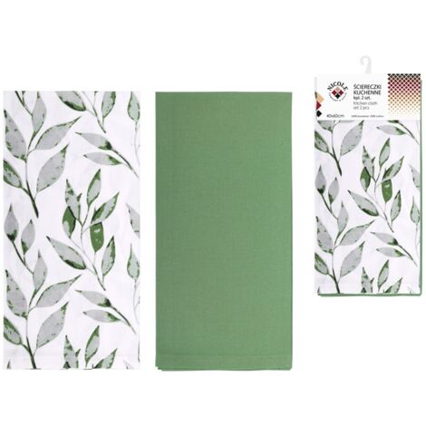 2 paños de cocina de algodón NICOLE, 40x60 cm, art. 52330, blanco, verde, estampado de hojas