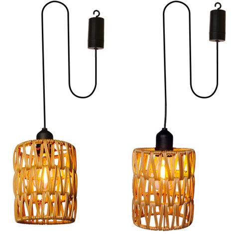 2 paquets de lustres décoratifs en rotin, lustres à piles avec ampoules blanc chaud, petites suspensions avec crochets pour extérieur et intérieur