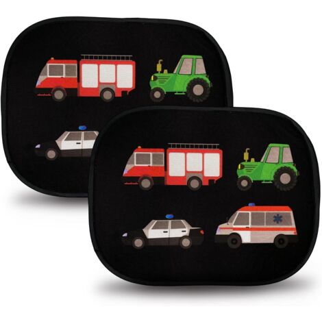 2 parasoles autoadhesivos para niños y bebés - Vehículos de emergencia y tractores - Parasoles para ventanas de coche - 44 x 36 cm - Visores para coche