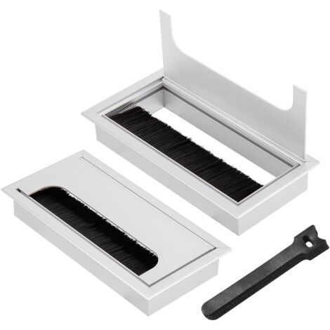 2 passe-câbles encastrables, aluminium, 160x80mm, avec brosse, 10 serre-câbles, pour bureau