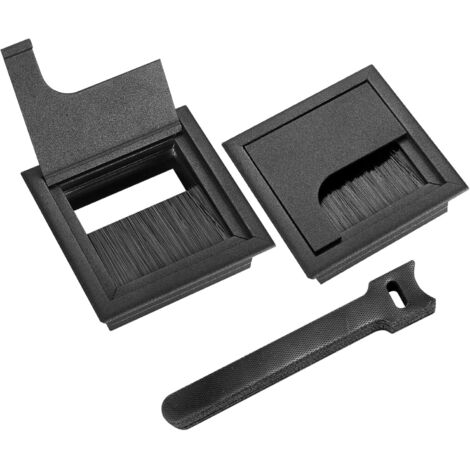 2 passe-câbles encastrables,alliage d'aluminium,joint brosse,80x80mm,noir,bureau