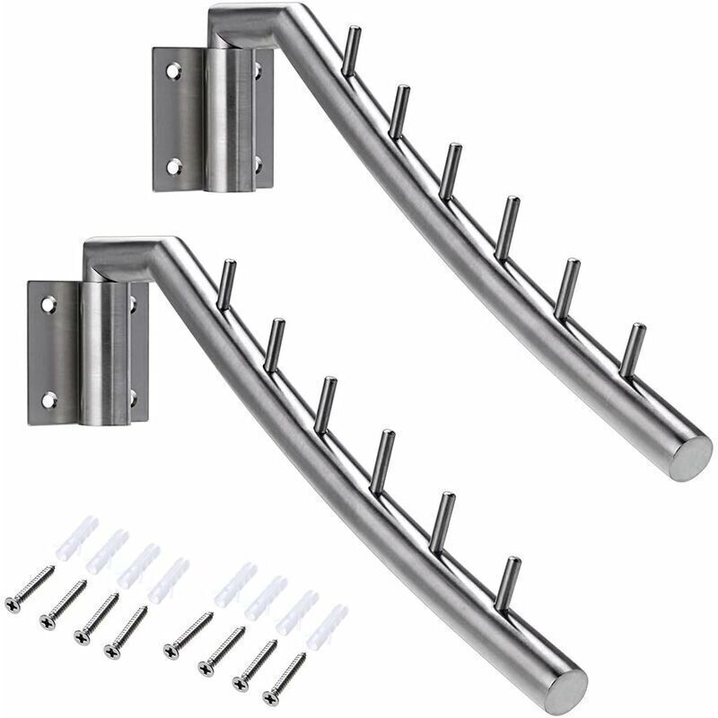 2 Patères Barre/crochet de vêtement, porte-vêtement Crochet Inox Mural, Balancer 180°, Chargé max 30kg, avec 6 tiges pour Organiser Vêtements,
