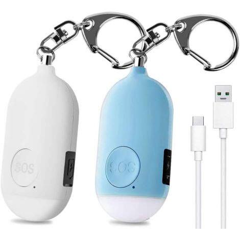 2 pcs 130 DB Alarme Personnelle d'urgence,Rechargeable Alarme de Sécurité avec LED Lampe de Poche Torche Alarme Anti Agression,pour Femme Enfants Personnes Agées Aventurier – Blanc&Bleu-Fei Yu