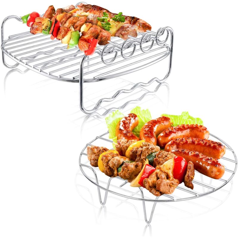 2 Pcs Accessoires pour Friteuse à Air Comprimé, 7 Pouces Support Multifonction Double Couche avec Brochette, Grilles Pour Friteuse à Air avec 4