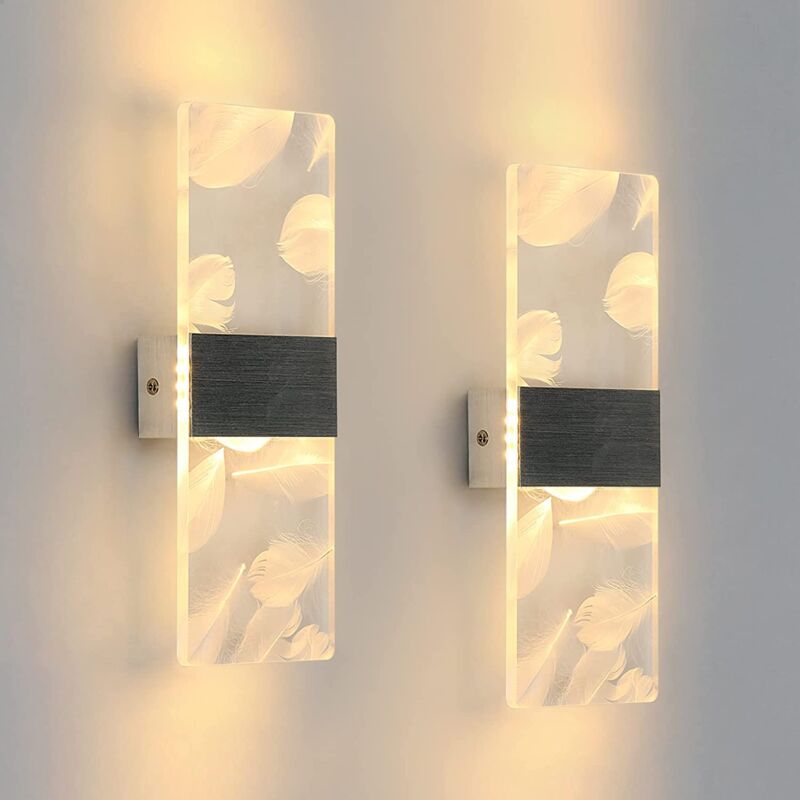 2 Pcs Applique Intérieure12W, 3000K Lumière Blanche Chaude Applique Led Intérieur Plume Acrylique, Eclairage mural moderne Ledpour chambre, salon,