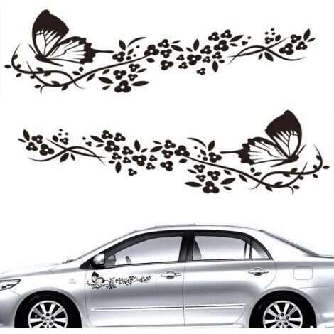 2 Pcs Autocollant Voiture, Stickers pour Voiture Avec Motif Papillons et Fleurs,Autocollant Voiture Tuning pour Capot de Voiture,Moto,Planches à Roulettes,Valises,Murs(Noir)