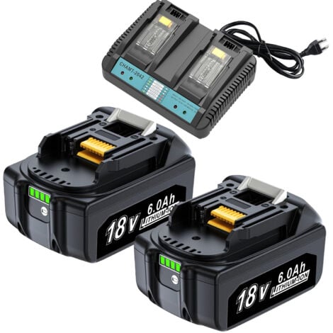 BLEOSAN 2 Pcs Batterie de Remplacement + Chargeur Double DC18RD pour Makita 18V 6.0Ah, Batterie de Remplacement Makita 18V BL1860B BL1820B 1830B 1840B 1850B, Compatible avec Les Outils Makita 18V