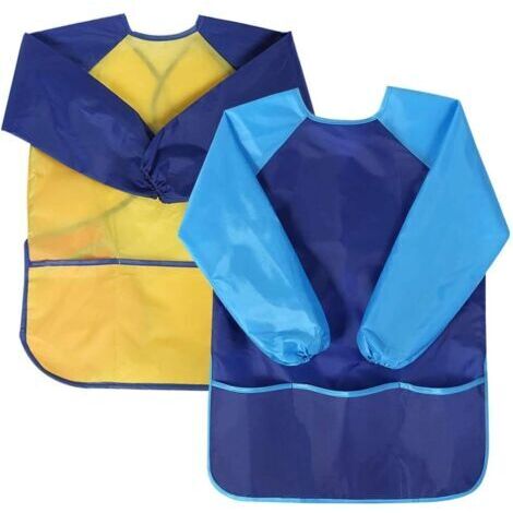 2 pcs Blouse Peinture Enfant Imperméable Tablier de Peinture Enfant, Tablier Manches Longues Enfant avec 3 Poches pour L'école Activités, Peinture, Cuisine, Coloriage, nourrissage