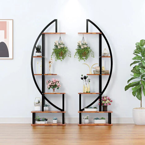 2 Pcs Brown Crescent Wood Tiered Plant Stand